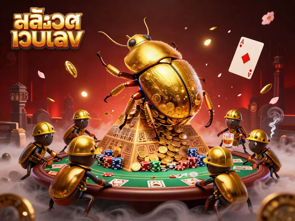Engage with สล็อตเว็บตรง as golden beetles roll coins in this vibrant casino scene.