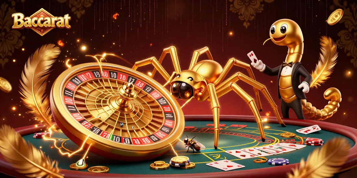 Baccarat illustration of a golden spider spinning a roulette web with a fly placing bets, showcasing excitement.