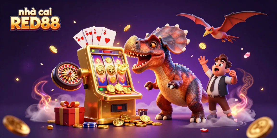 nhà cái RED88 showcases a pachycephalosaurus winning jackpots while a casino manager and pteranodon collect golden coins.