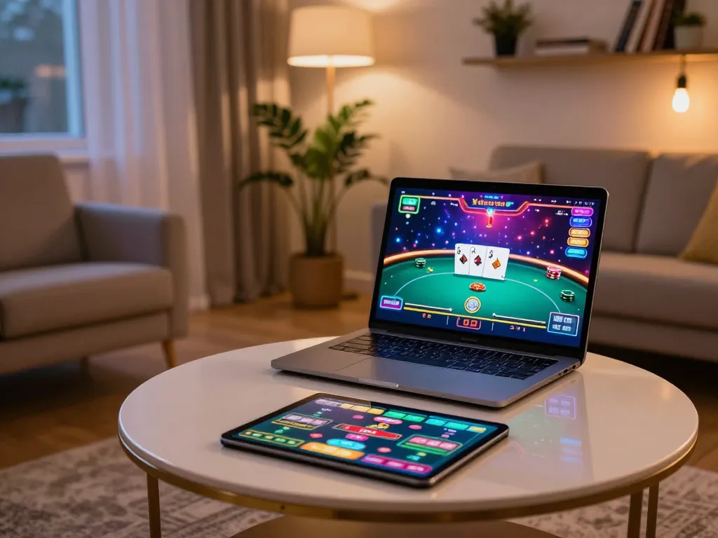 Engaging with online poker at https://mm88.blog/ in a cozy home setting, showcasing a vibrant and interactive gaming experience.