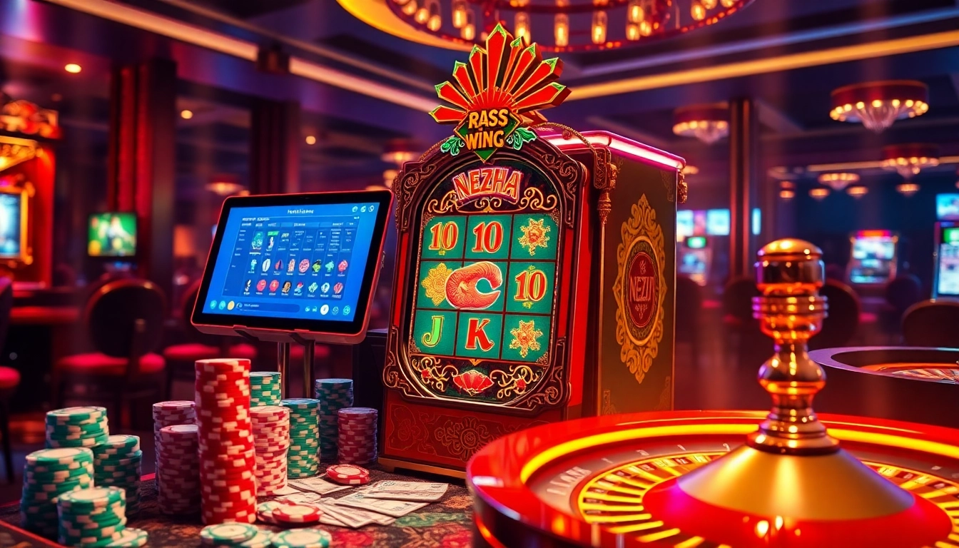 Play Nezha ฝากถอนออโต้ at a vibrant casino with luxurious slot machines and poker chips.