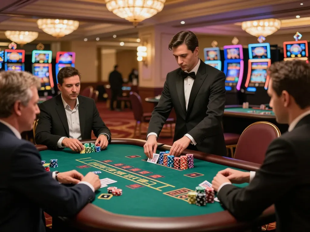 Players strategizing at SC88 baccarat table with professional dealer in elegant casino setting