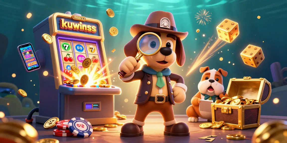 Kuwinss unleashes excitement in a packed 3D casino scene featuring a detective and bulldog uncovering a treasure.