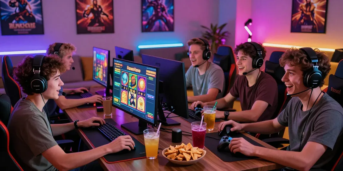 Engaged players enjoying a pajaktoto slot game in a vibrant gaming room with snacks and colorful lighting.