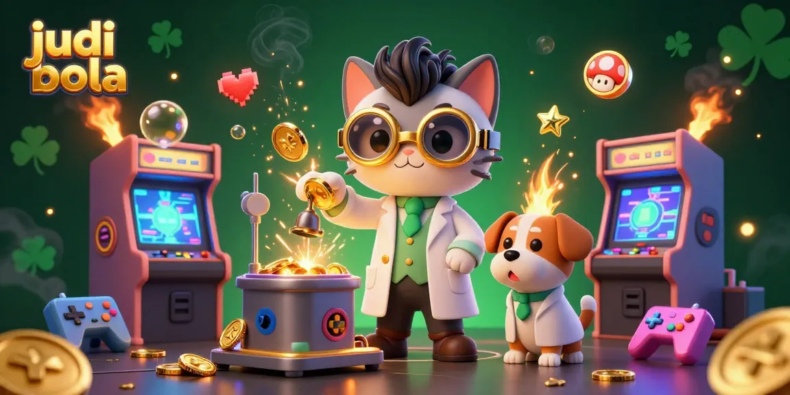 Engage in judi bola excitement with 3D cartoon elements, including a mad scientist cat and arcade machines.