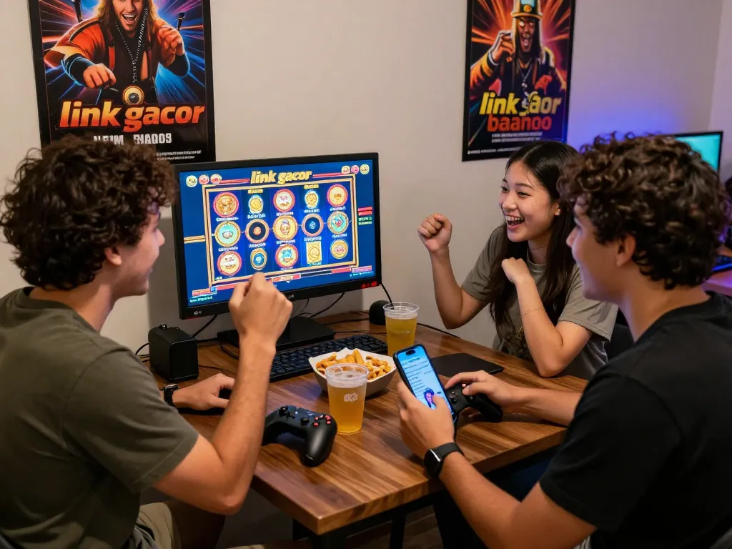 Merayakan teman-teman yang menikmati permainan slot 'link gacor' bersama dalam suasana rumah yang nyaman.