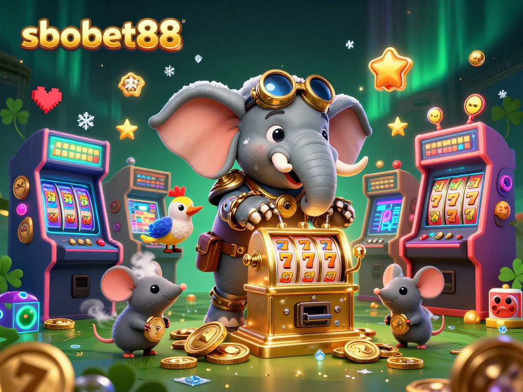 Engage with sbobet88's vibrant 3D casino scene, showcasing an elephant engineer and dynamic gambling elements.