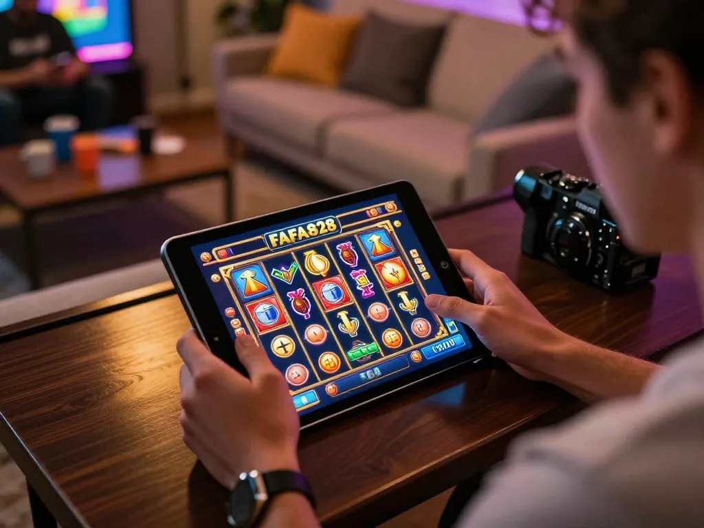 ภาพที่น่าสนใจของการเล่นเกมออนไลน์ FAFA828 โดยมีผู้เล่นสำรวจเกมสล็อตสีสันสดใสบนแท็บเล็ตในบ้านที่อบอุ่น