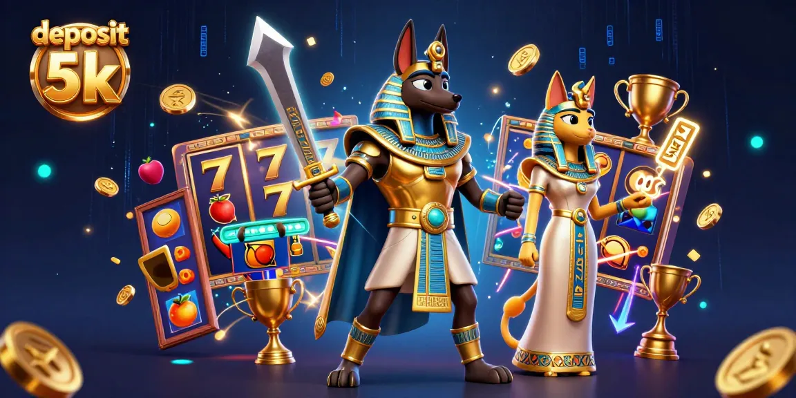 Experience exciting gameplay with deposit 5k, vibrant slot animations featuring Anubis and Bastet amidst coins and symbols.