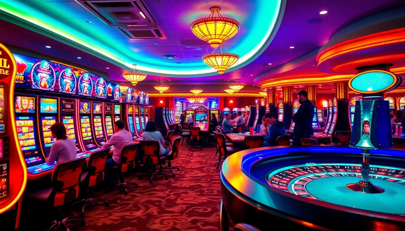 Ktp jitu players enjoying a thrilling slot machine experience in a vibrant casino atmosphere.