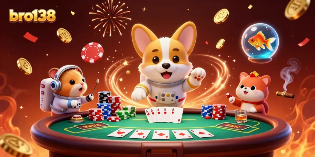 Experience bro138's immersive casino environment with floating characters in a vibrant space scene.