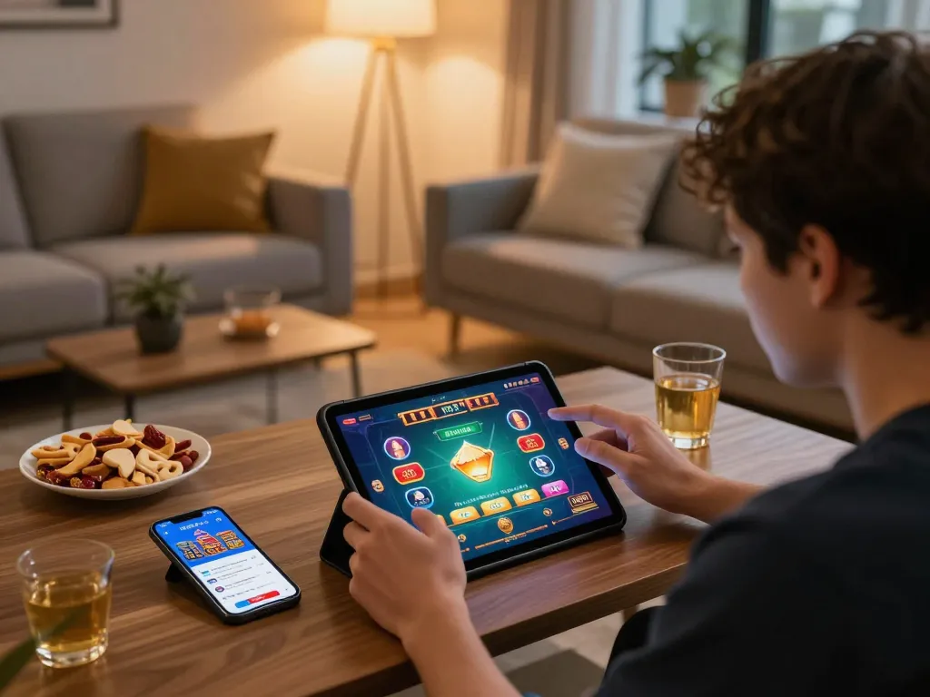 Engaging in gaming at home on 789win tablet, showcasing modern online casino experience.