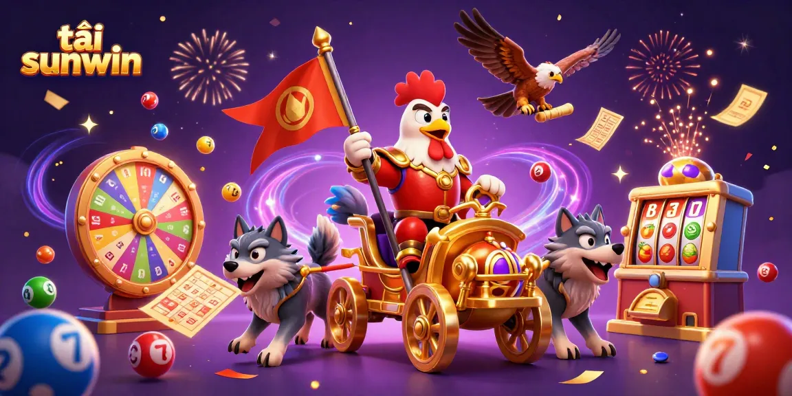 Engage in gaming action with tải sunwin depicted in a vibrant 3D illustration showcasing lottery, slot elements, and a fantasy arena.