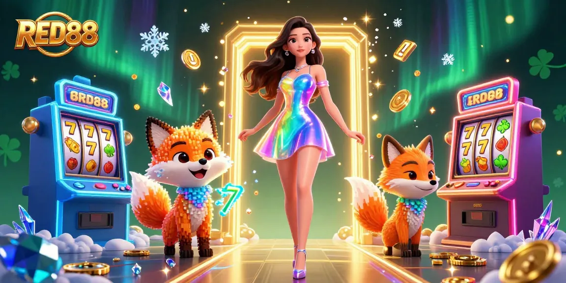 Engage with RED88 slots and jackpots in this vibrant 3D casino-themed illustration.