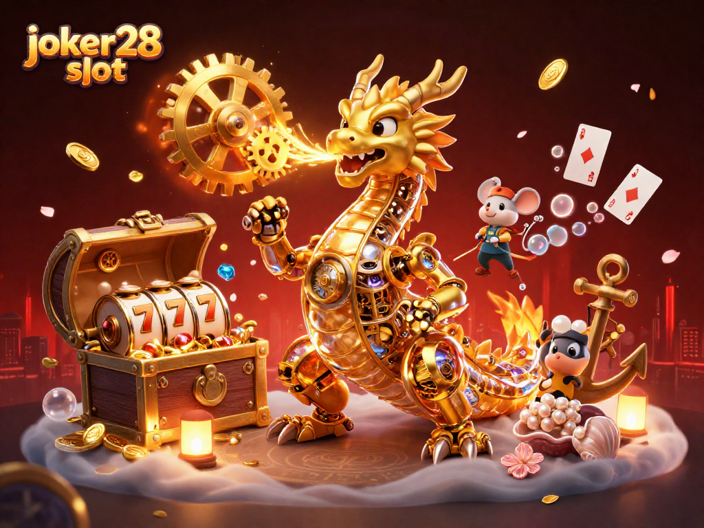 Keajaiban joker28 slot dengan karakter yang menampilkan permainan slot terbaru dan elemen kasino.