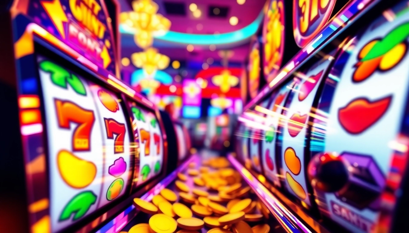 Slot Game dengan simbol buah cerah dan koin emas di mesin slot yang berkilau.
