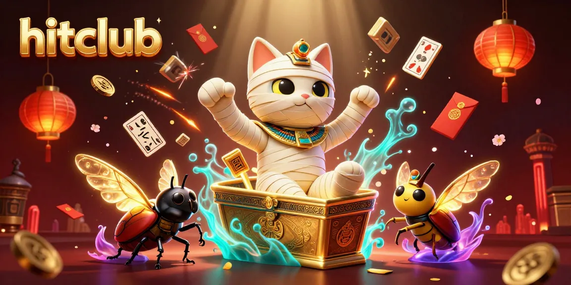 Experience hitclub's vibrant casino scene with a mummy cat and glowing beetle amidst festive gaming elements.