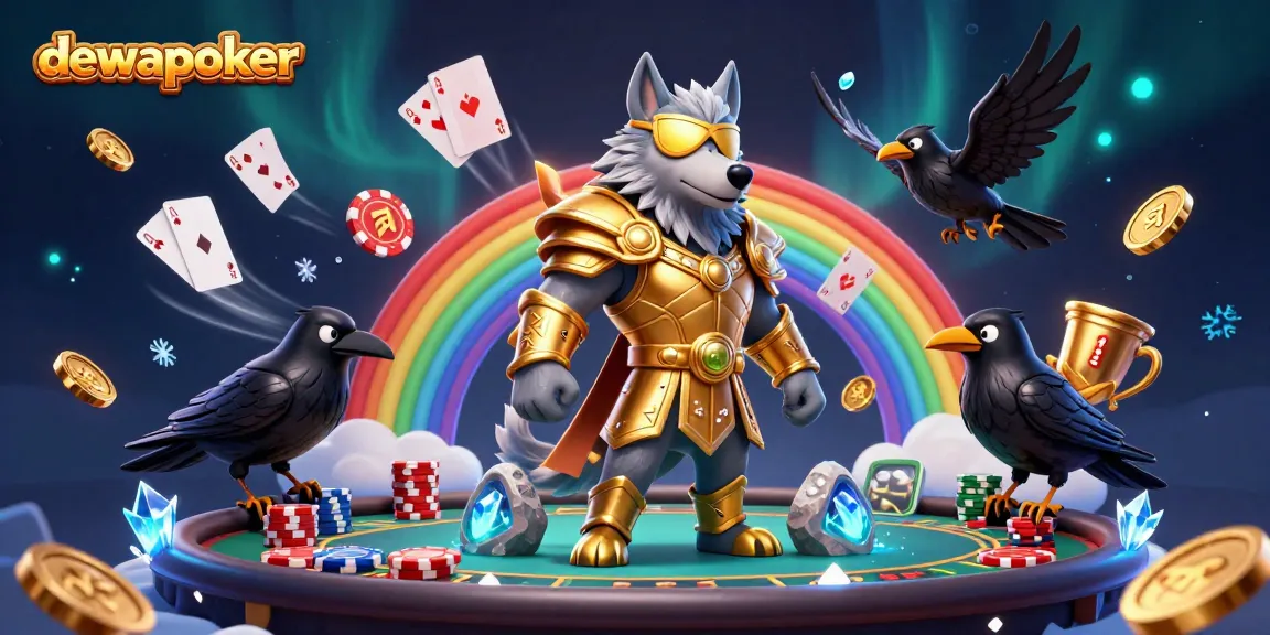Dewapoker showcases stunning 3D artwork featuring Odin and poker elements in a vibrant scene.