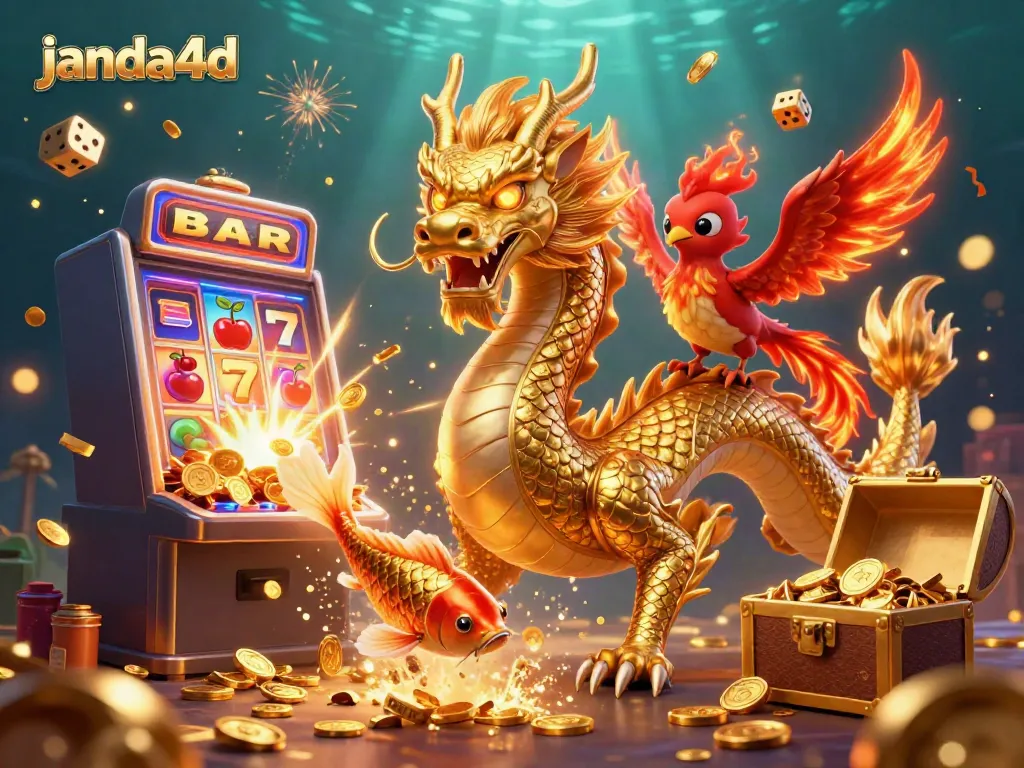 Gambarkan fitur menarik janda4d dalam ilustasi 3D slot dengan naga emas dan simbol keberuntungan.