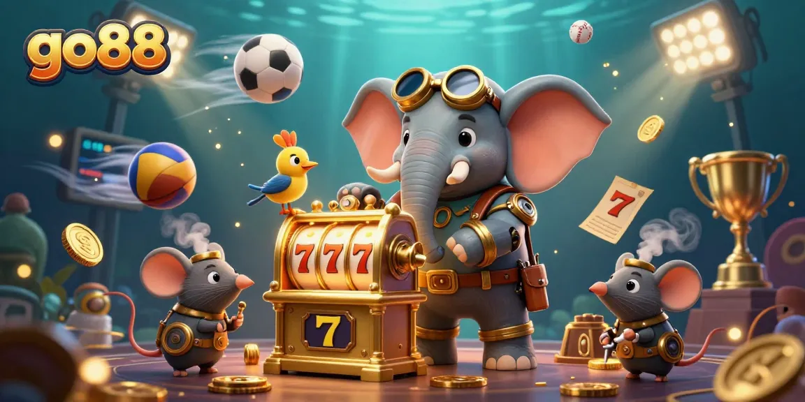Engage in thrilling gaming at go88 with an enchanting steampunk elephant engineer beside golden slots and animated sports elements.