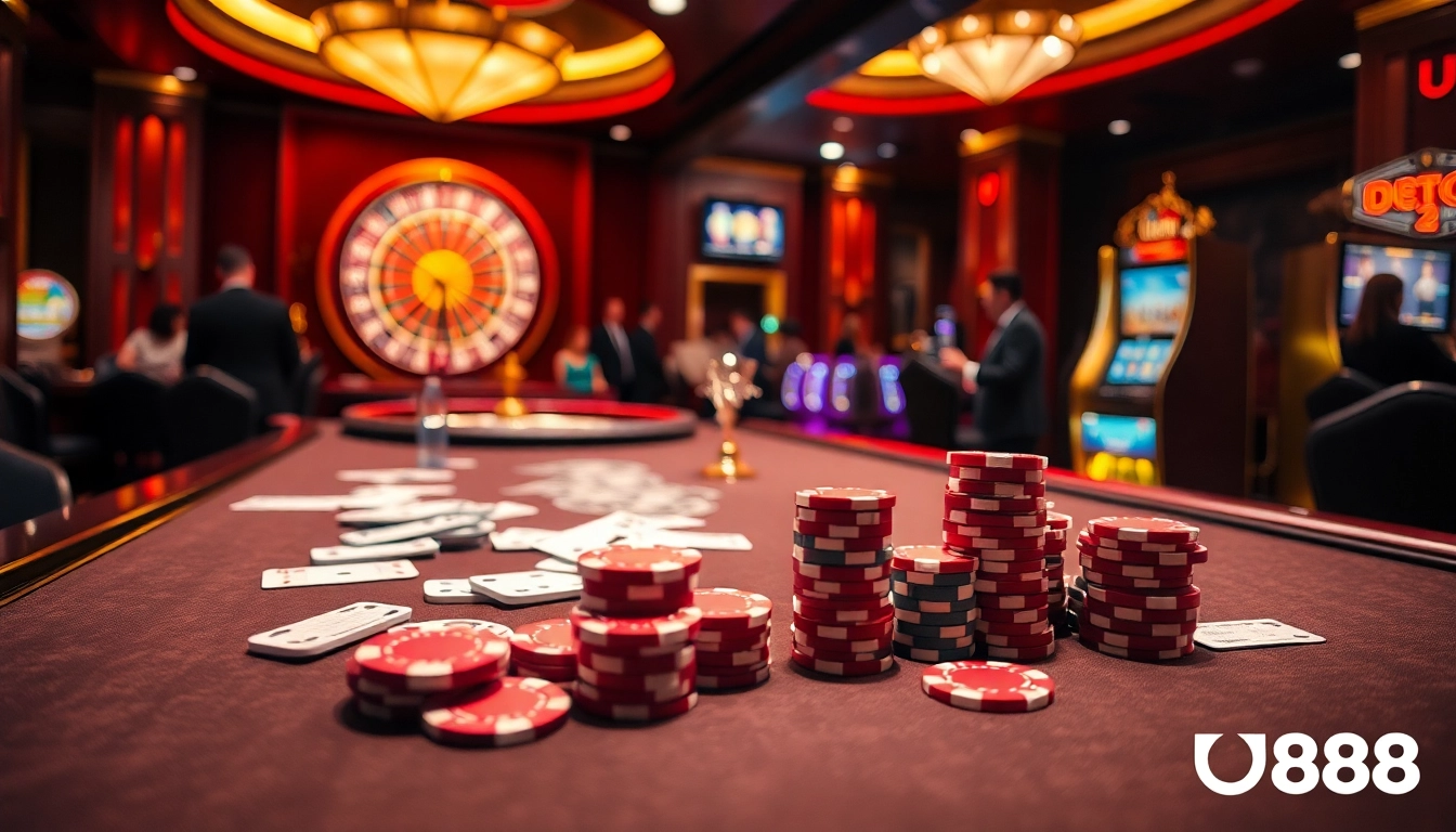 U888 players enjoying exciting moments at a luxurious casino table.