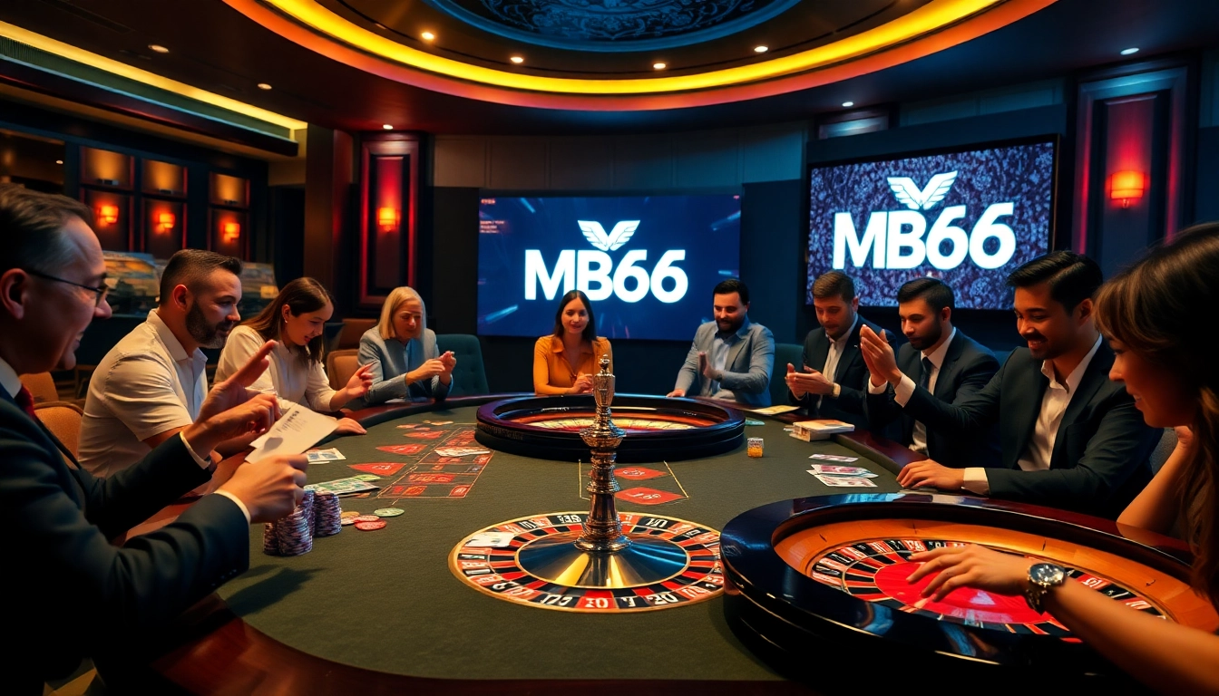 Players at a luxurious MB66 casino table enjoying a vibrant, high-stakes gaming experience.