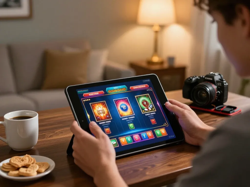 Engaging mobile gambling experience with hm88 on a tablet in a cozy setting.
