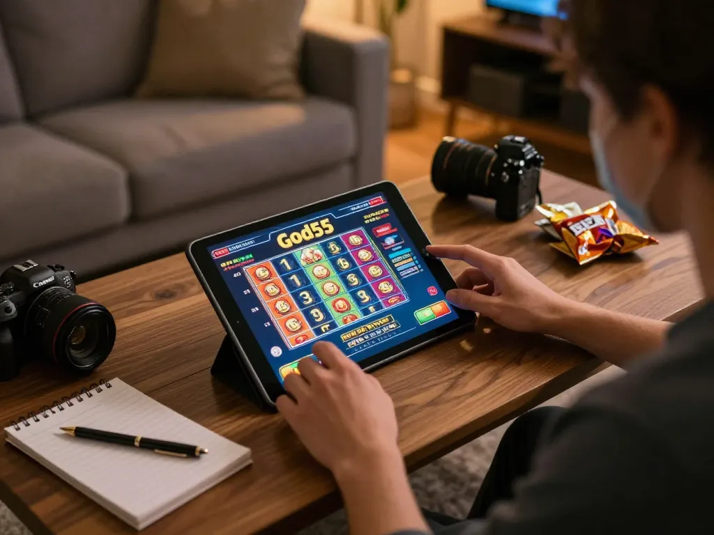 Player enjoying God55 online slots on tablet with cozy home setup