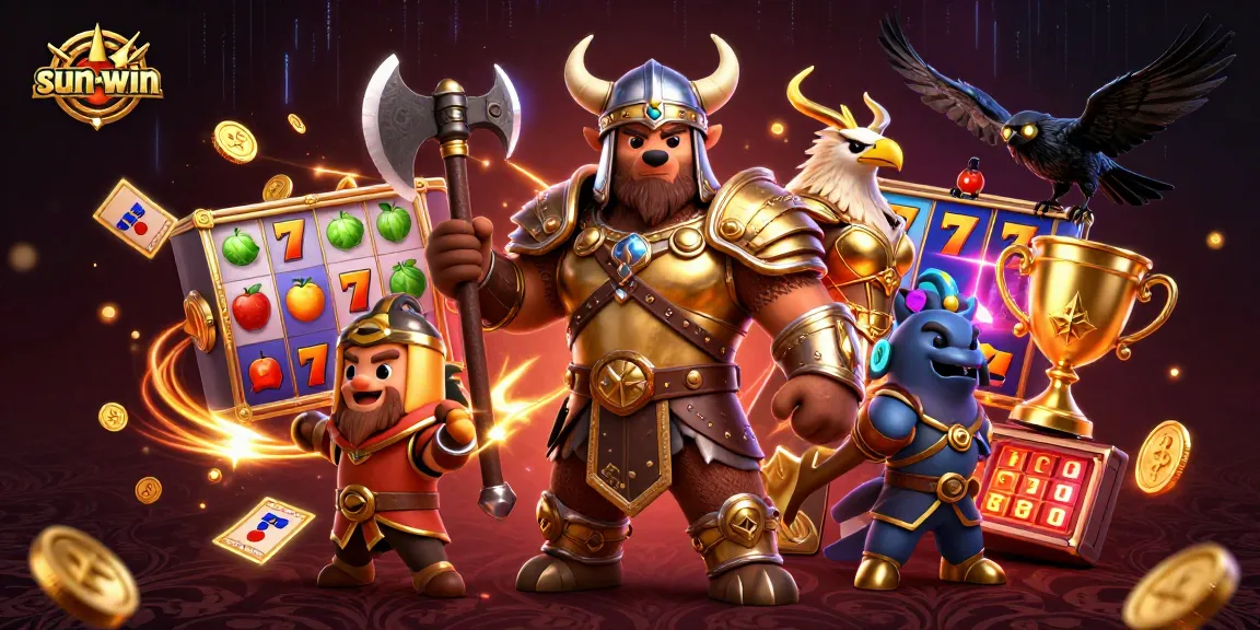 Experience thrilling casino action with sun-win's dynamic 3D illustration featuring slots and vibrant characters.