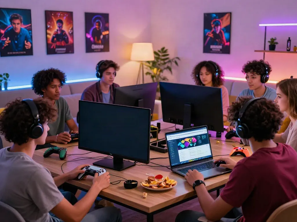 Group of friends gaming in a modern living room with akunjp displayed on the laptop.