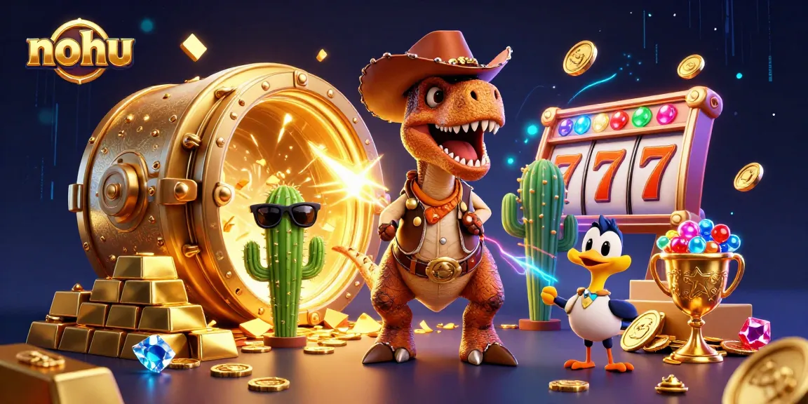 Nohu jackpot gaming scene featuring a dinosaur, cactus, and roadrunner surrounded by gold and slot elements.