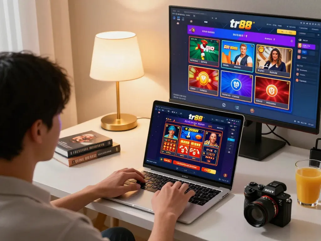 Engaging in online gaming on tr88, shows laptop with vibrant casino interface and strategic planning
