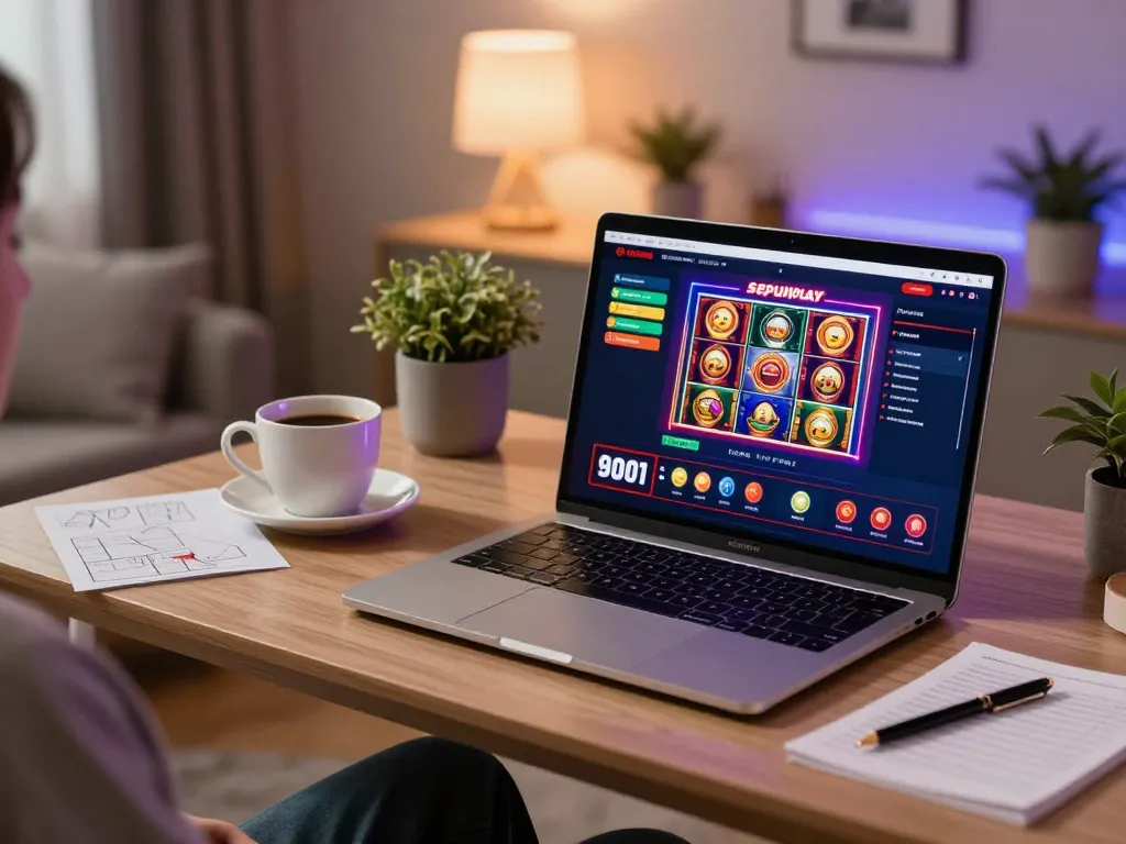 Engaging in online gameplay on sepuhplay, showcasing a vibrant casino interface on a laptop amidst a cozy environment