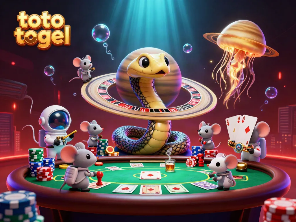 Experience thrilling bets on toto togel in a cosmic casino scene with animated characters and poker elements.