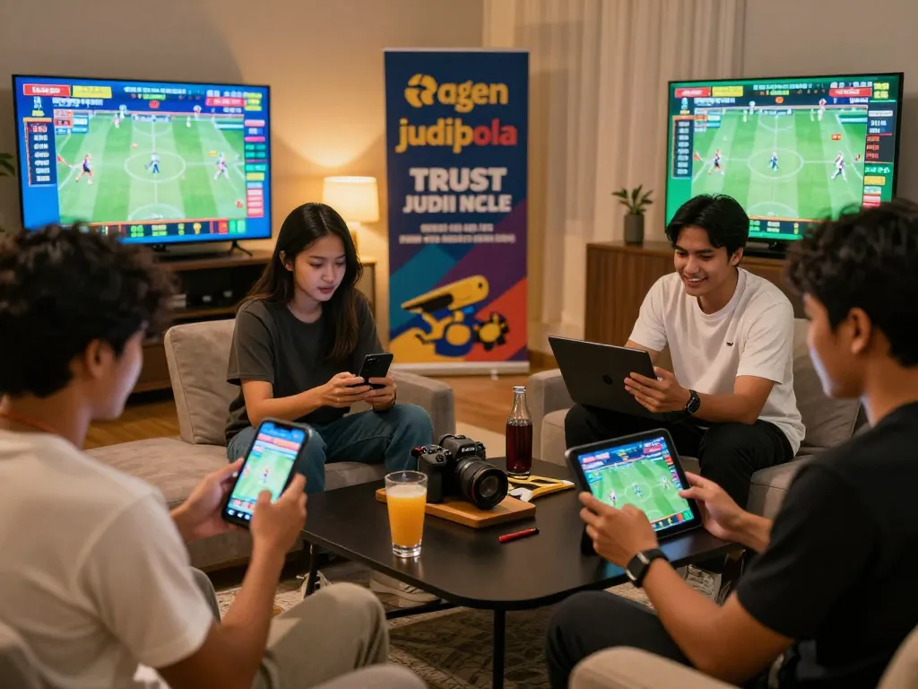 Sekelompok teman menikmati taruhan langsung agen judi bola di lounge modern.
