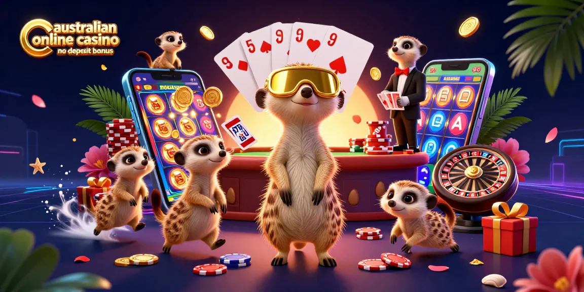 Experience the thrill of the australian online casino no deposit bonus with lively meerkats managing a vibrant casino scene.