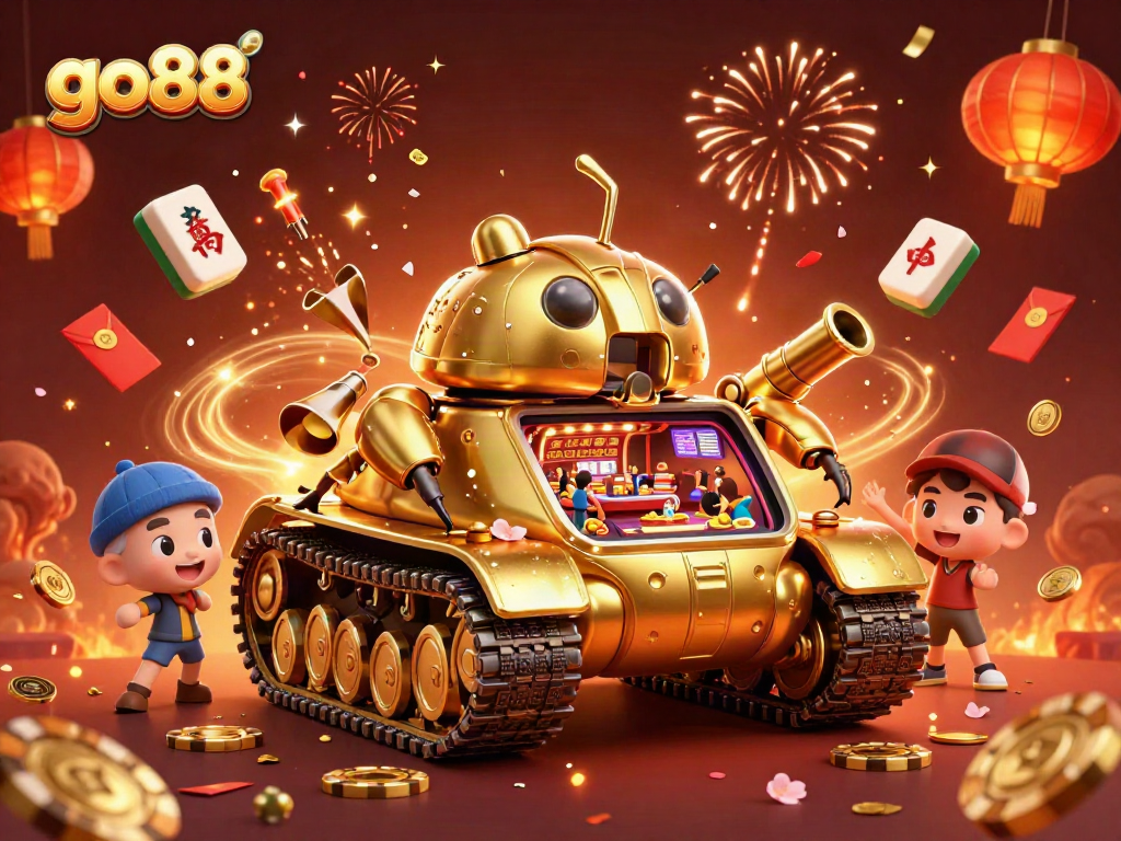 Experience go88's vibrant gaming world as confetti explodes around a golden beetle tank casino.