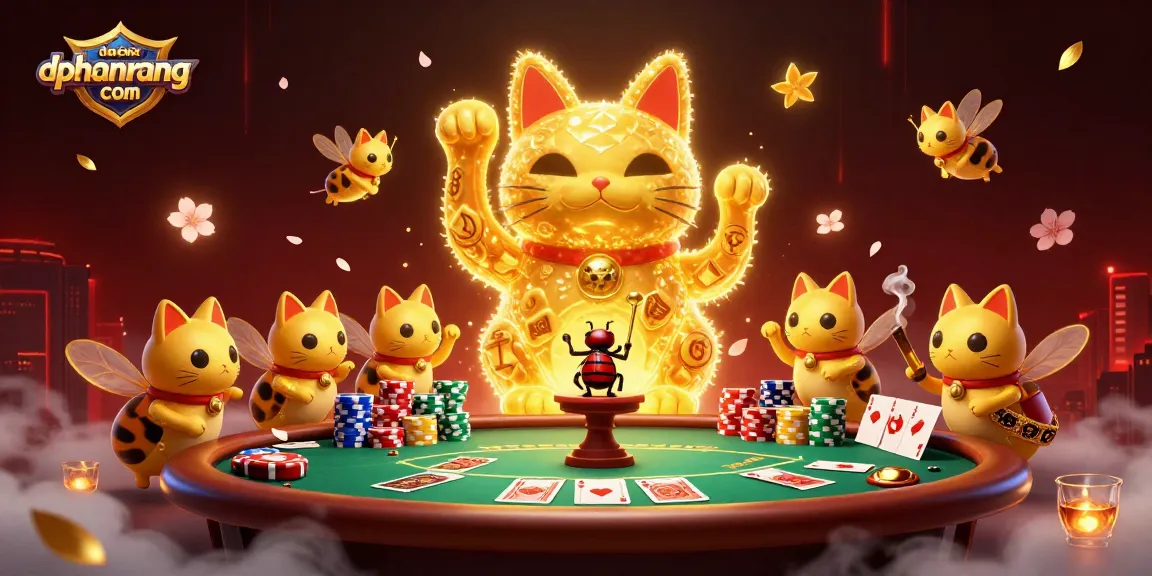 Experience the excitement of dacsandatphanrang com with this vibrant casino illustration depicting a lucky cat surrounded by game elements.