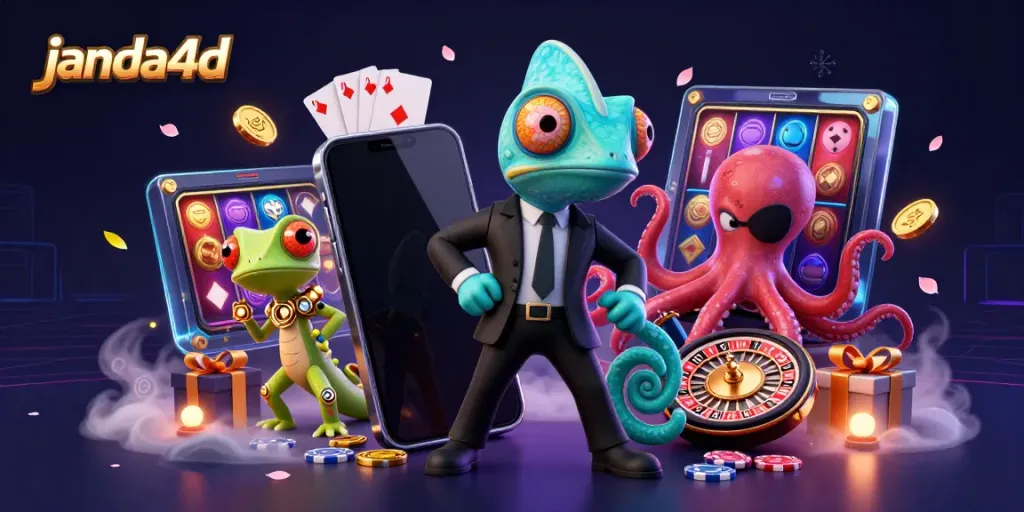 Janda4d menampilkan chameleon agen rahasia, gecko, dan gurita dalam suasana kasino yang meriah.