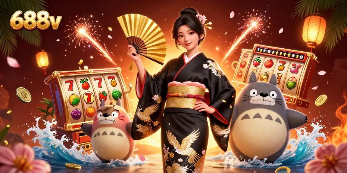 Spin the reels at 688v with vibrant characters and atmospheric casino elements in this exciting illustration.