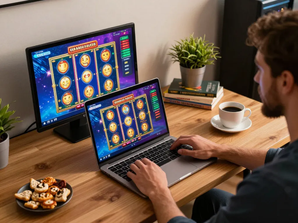 Player enjoying 32win online gaming on a laptop, with vibrant slot graphics and a cozy atmosphere