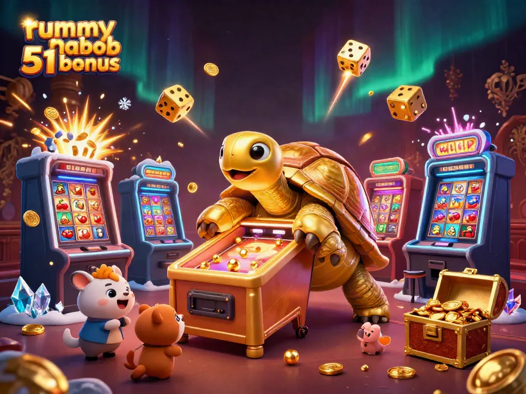 Rummy nabob 51 bonus dengan karakter kura-kura emas dan mesin slot yang menakjubkan.