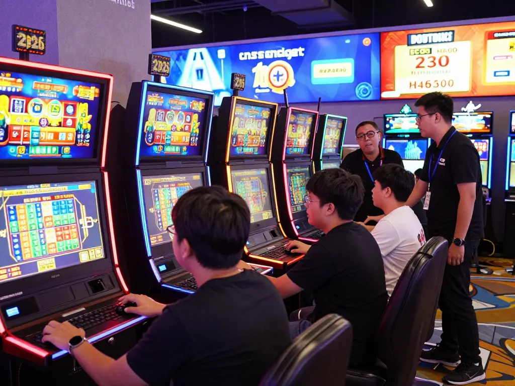 Exciting urban gaming scene showcasing players at rusuntogel slot machines in a vibrant gaming hub