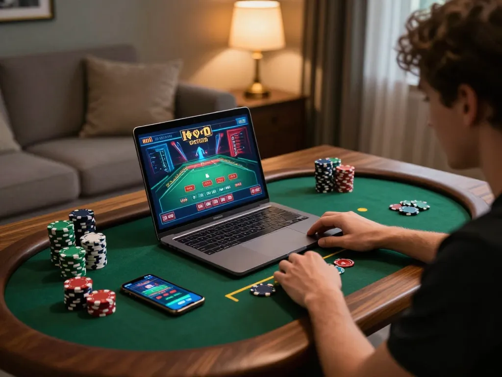 Player engaging in online casino games at luck8 net on cozy home setup