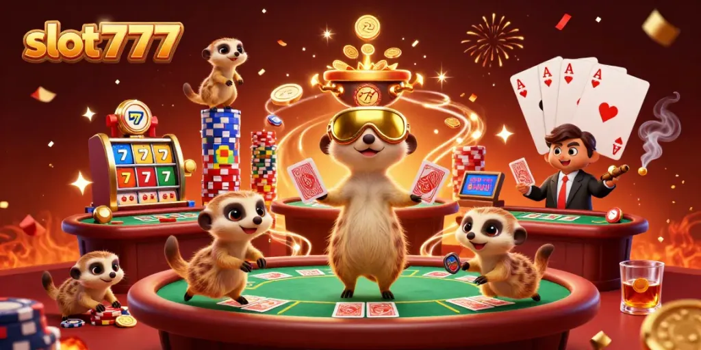 Perkuat permainan Anda di slot777 dengan ilustrasi 3D yang menggambarkan koloni meerkat menjalankan kasino yang meriah.