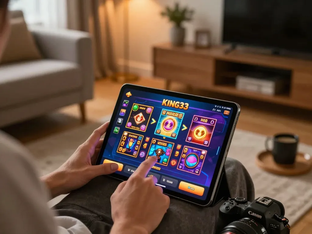 Engaging with the king33 online casino platform on a tablet in a cozy living room setting