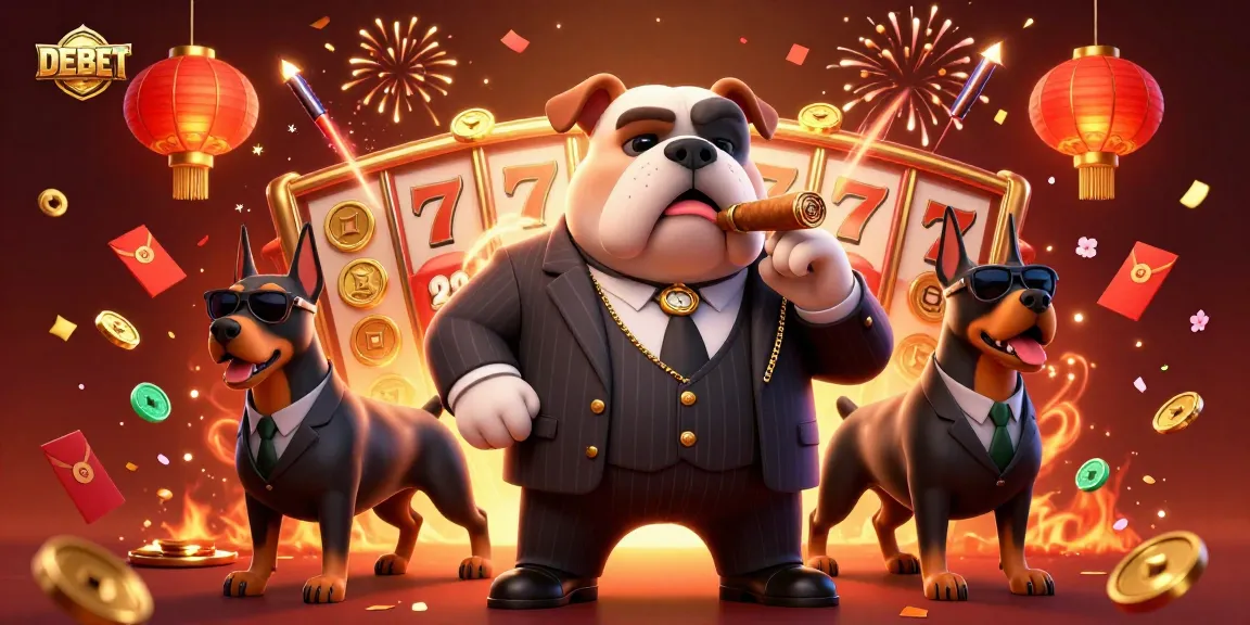 Win big with DEBET in this vibrant casino scene featuring a mafia bulldog and thrilling game symbols.