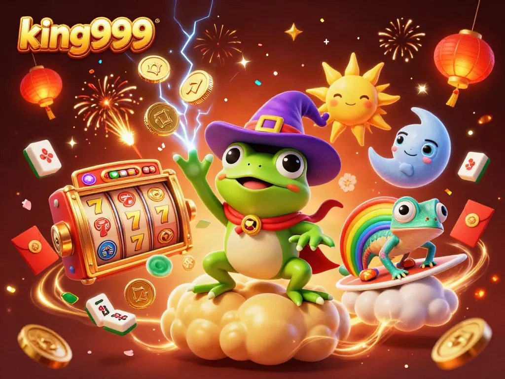 Gambarlah raja permainan king999 dengan karakter lucu dan elemen judi berwarna cerah.