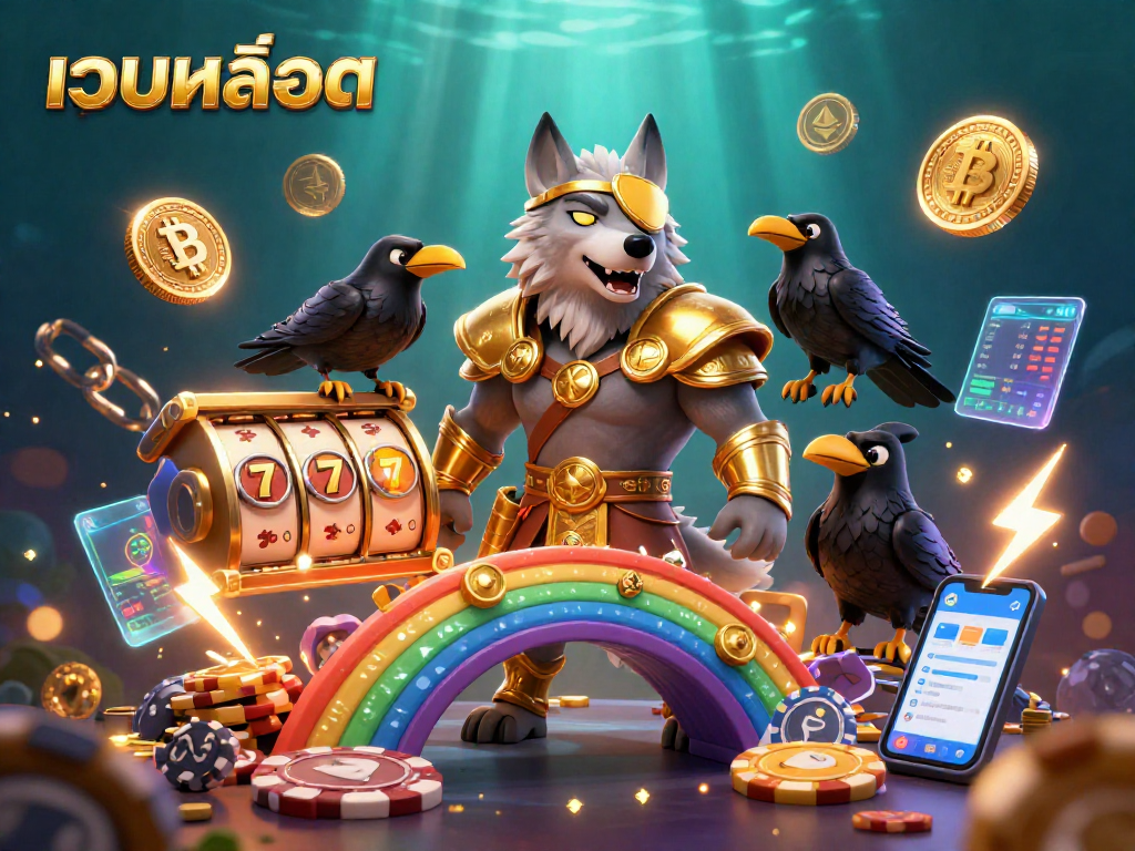 Experience เว็บสล็อต as Odin and ravens celebrate amidst vibrant casino elements and crypto coins.