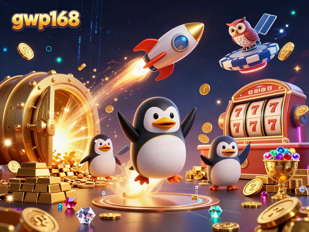 Gwp168 memperlihatkan penguin emas dengan slot dan koin bersinar, menarik pemain baru.
